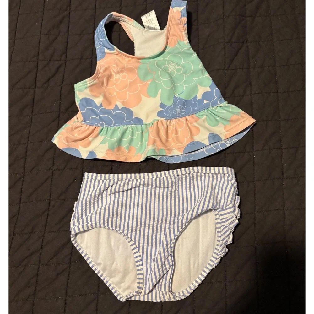 RuffleButts‎ Girls 3T Floral Striped Ruffle Tankini Two Piece Swimsuit Mint Blue